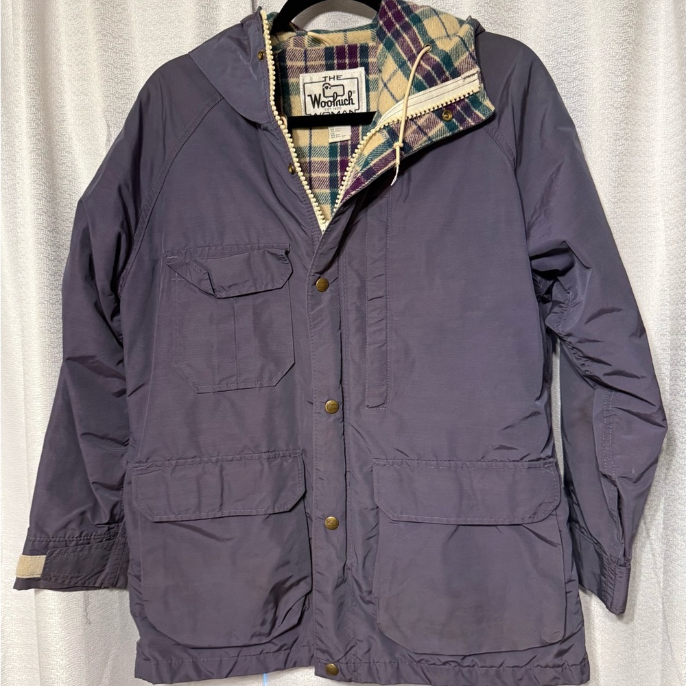 Vintage Woolrich Women's Purple Raincoat with Plaid Lining